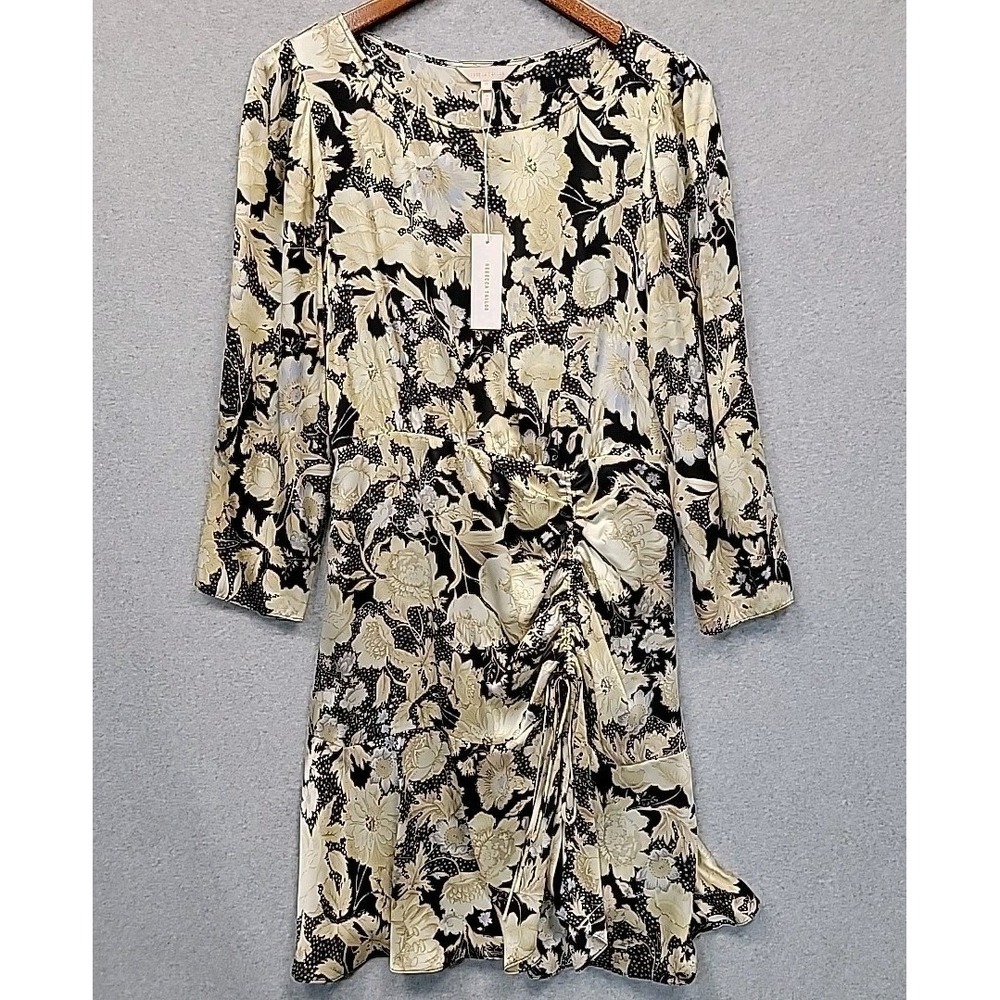 NEW REBECCA TAYLOR Womens Sz 12 Silk Dress Floral Print Long Sleeve Black Gold